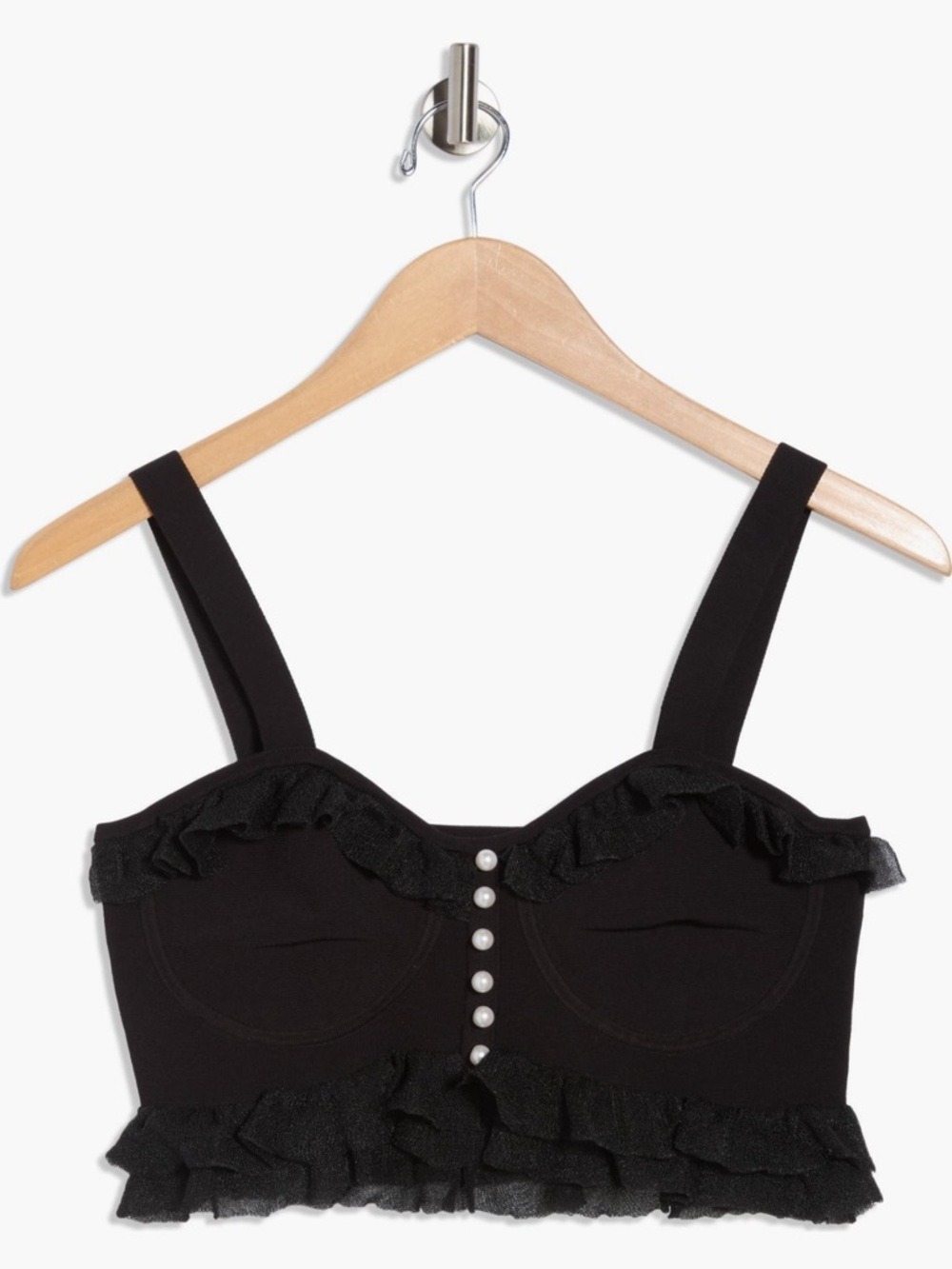 Sandro Black Ruffle Crop Bralette Pearl Buttons Size 8